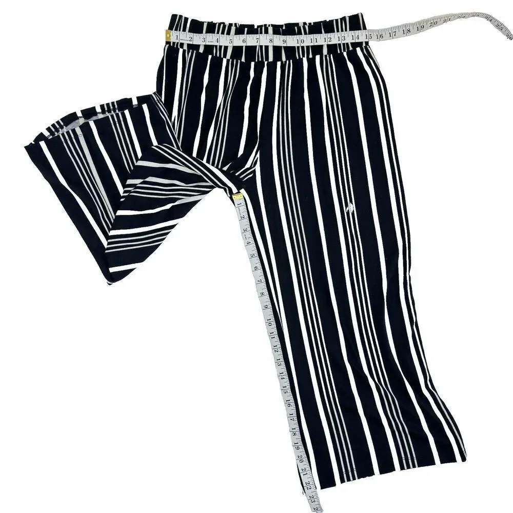 French Laundry Wide Leg Cropped Pants M Black & White Striped Elastic Waist